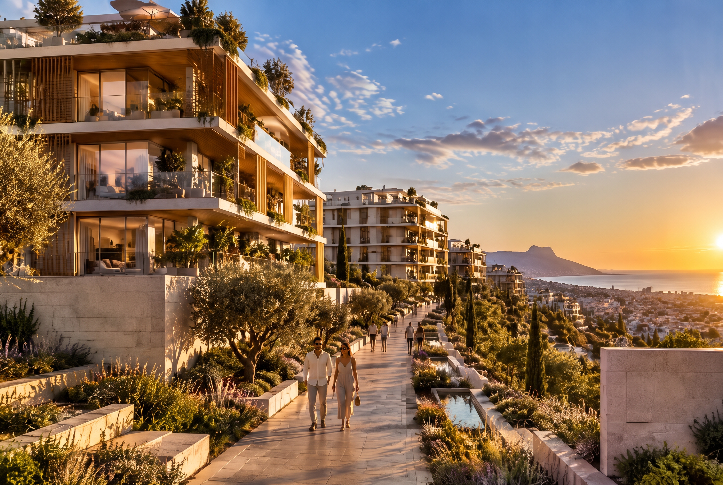 Promoción residencial sostenible al atardecer