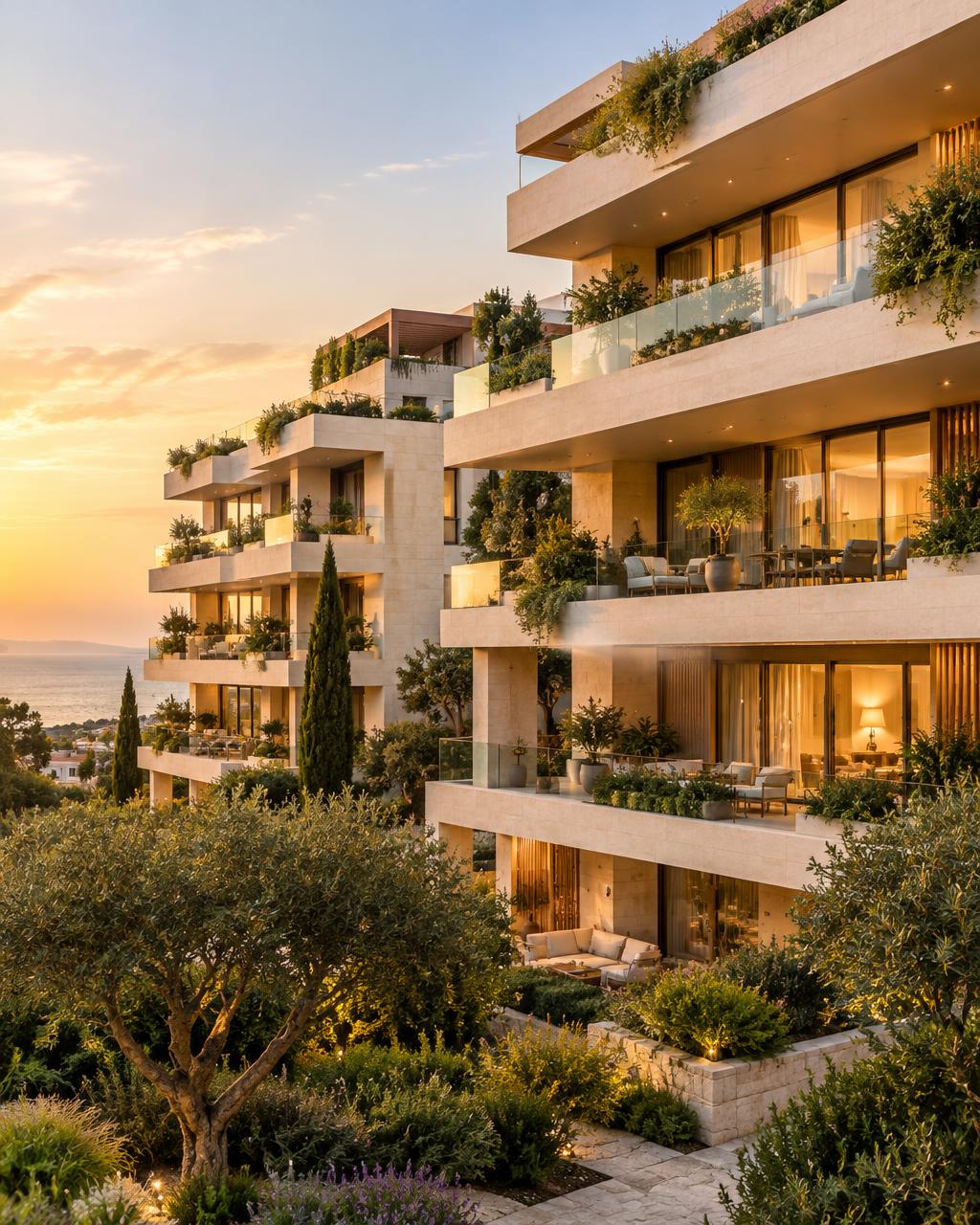 Promoción residencial con terrazas verdes al atardecer